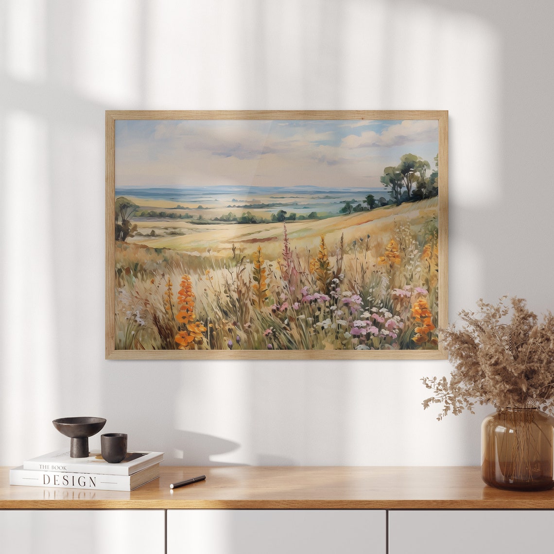 Golden Autumn Meadow Wildflowers Distant Valley Landscape Poster - Image 3