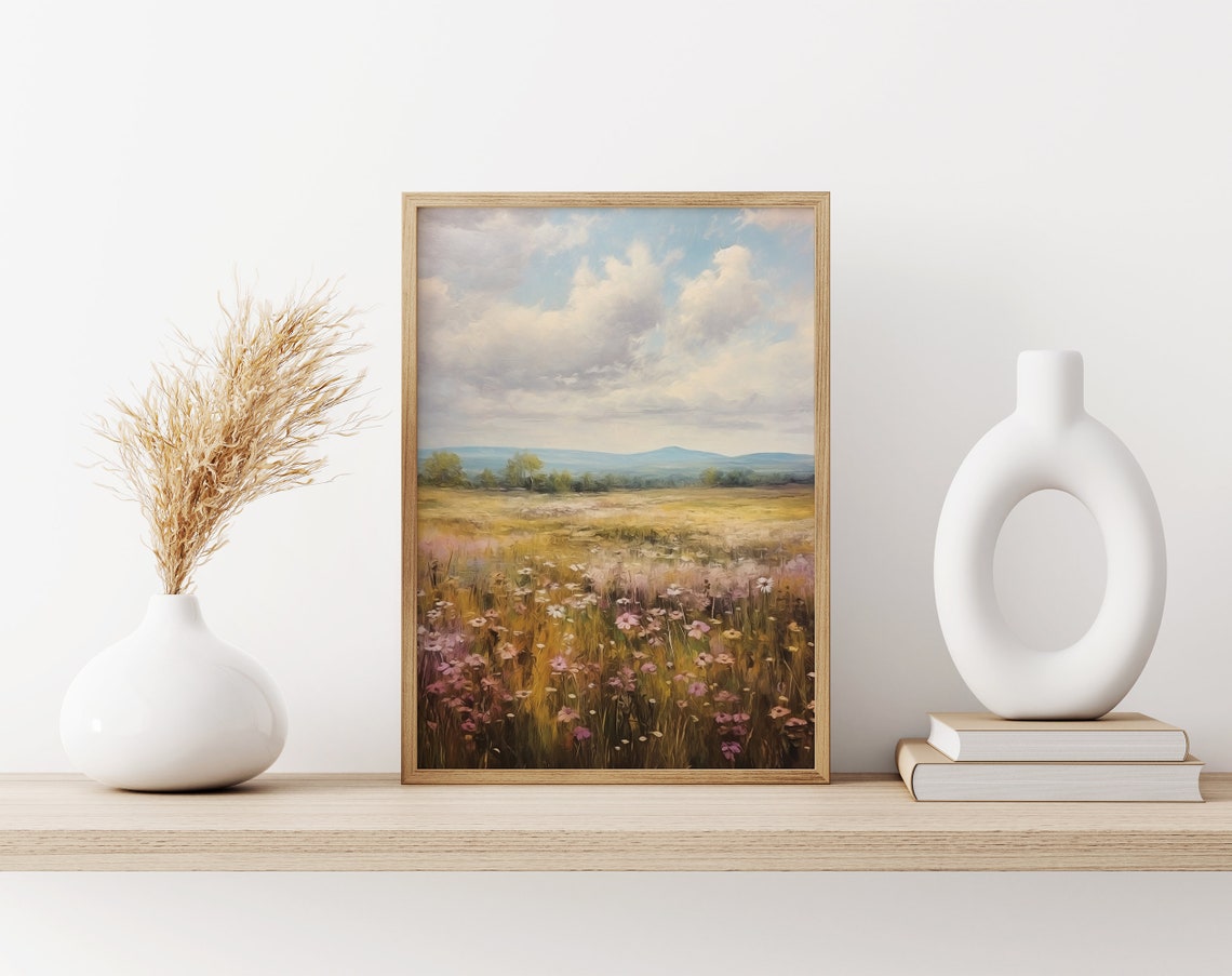 Pastel Wildflower Field With Distant Mountains Cloudy Sky Oil Poster - Image 3