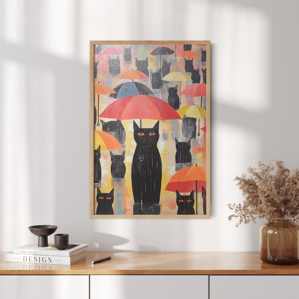 Black Cats Sheltering Under Colorful Umbrellas in Rain Art Print - Image 2
