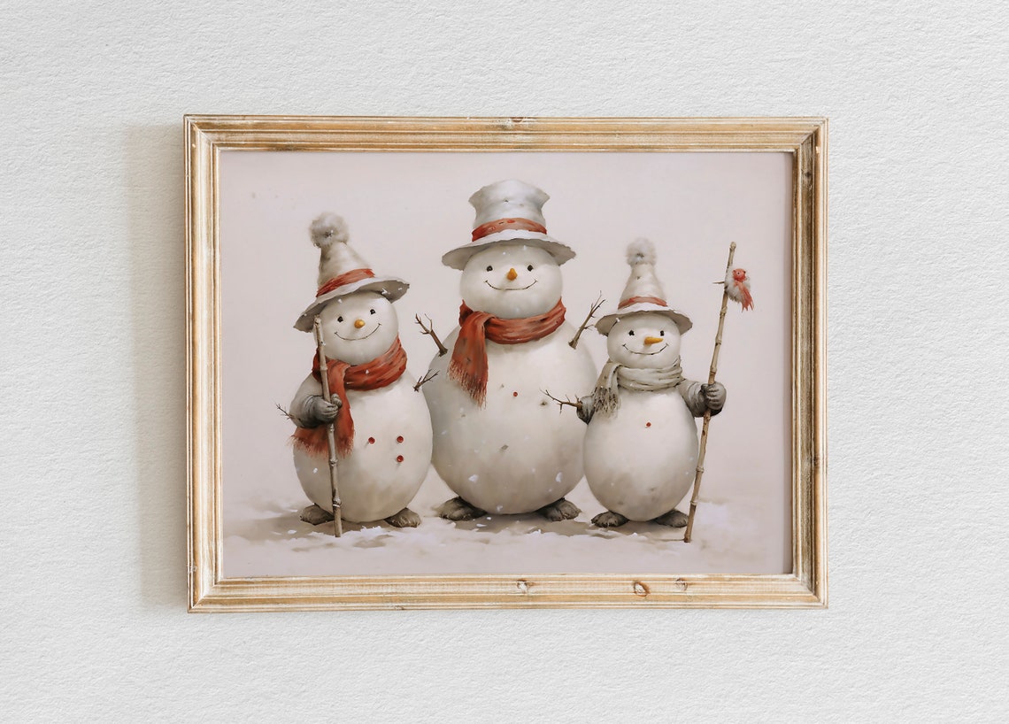 Three Cute Snowmen with Pointed Hats and Walking Sticks Poster