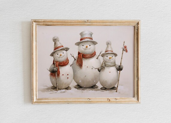 Three Cute Snowmen with Pointed Hats and Walking Sticks Poster