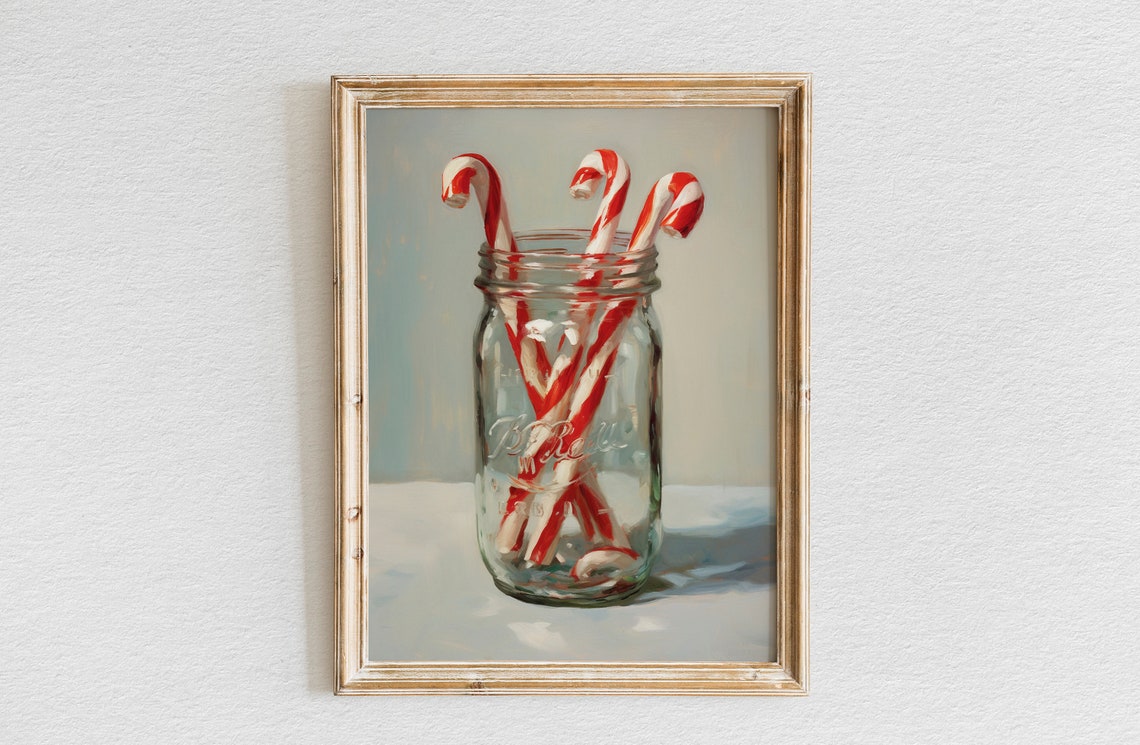 Three Red and White Candy Canes in Simple Glass Jar Art Poster
