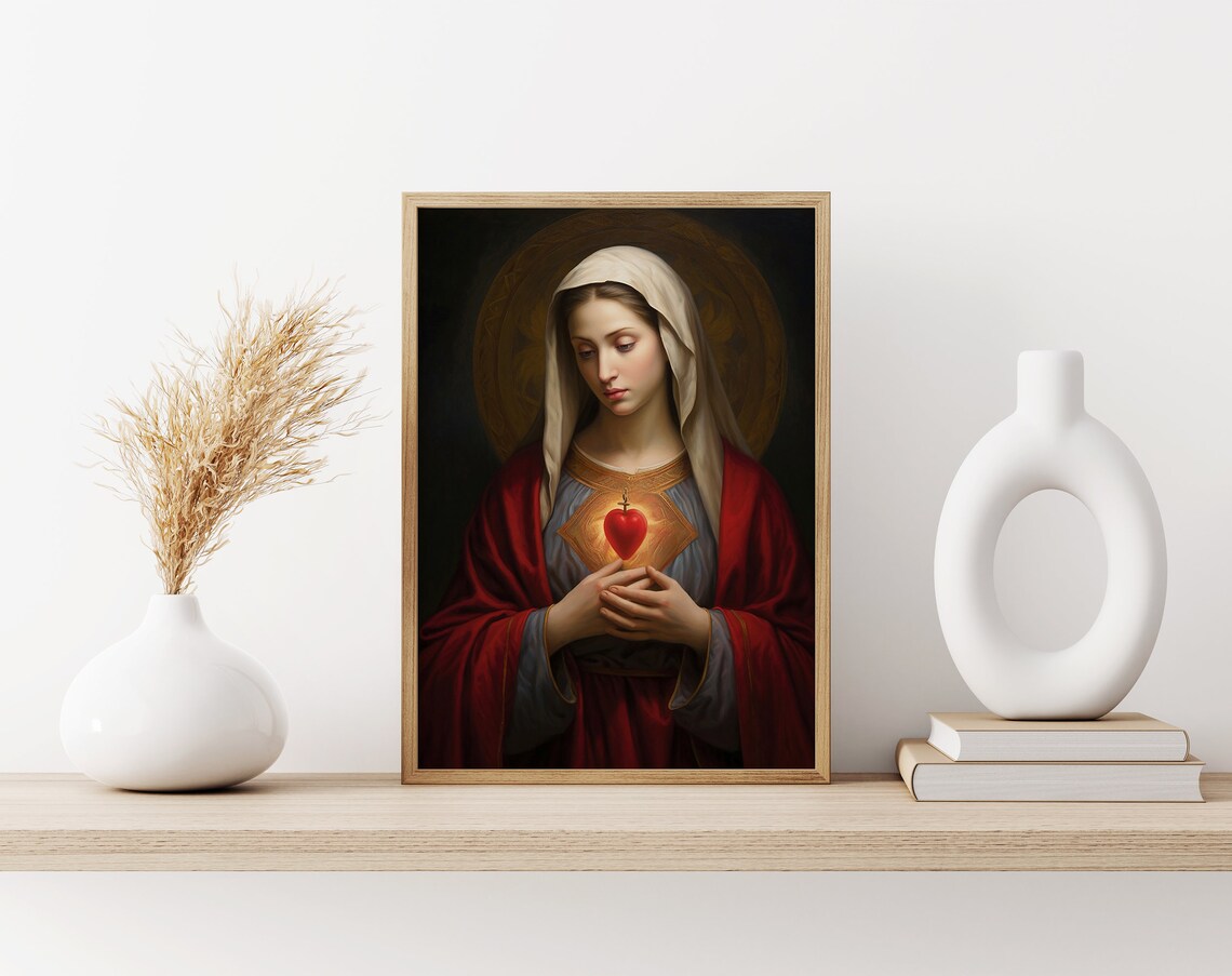 Sacred Heart of Mary Golden Halo Catholic Devotional Art Poster - Image 3