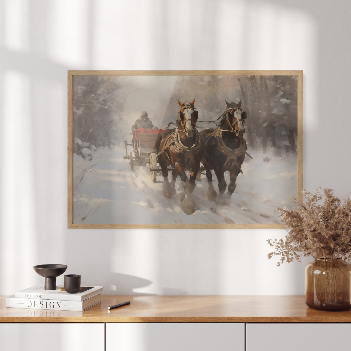 Two Draft Horses Pulling Cart Through Deep Snow Winter Poster - Image 3