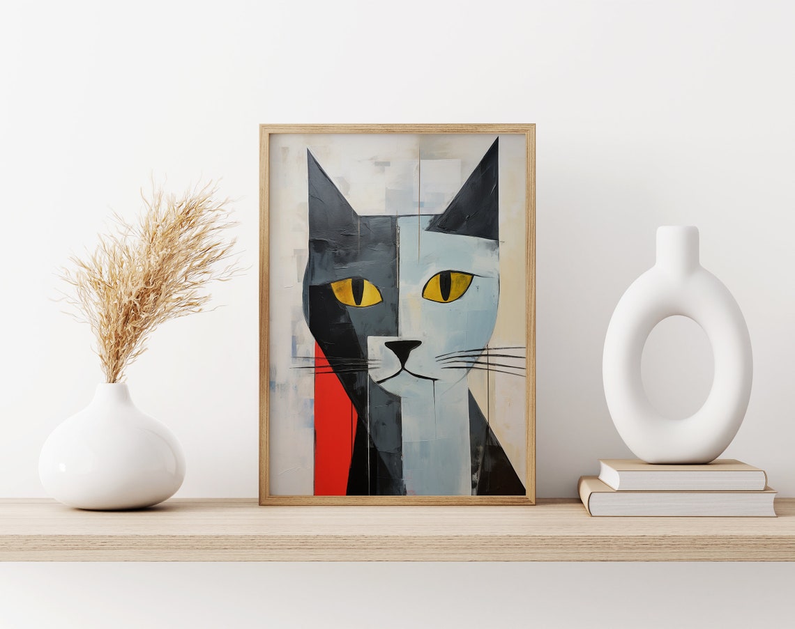 Abstract Geometric Cat Face in Black White and Red Art Print - Image 3