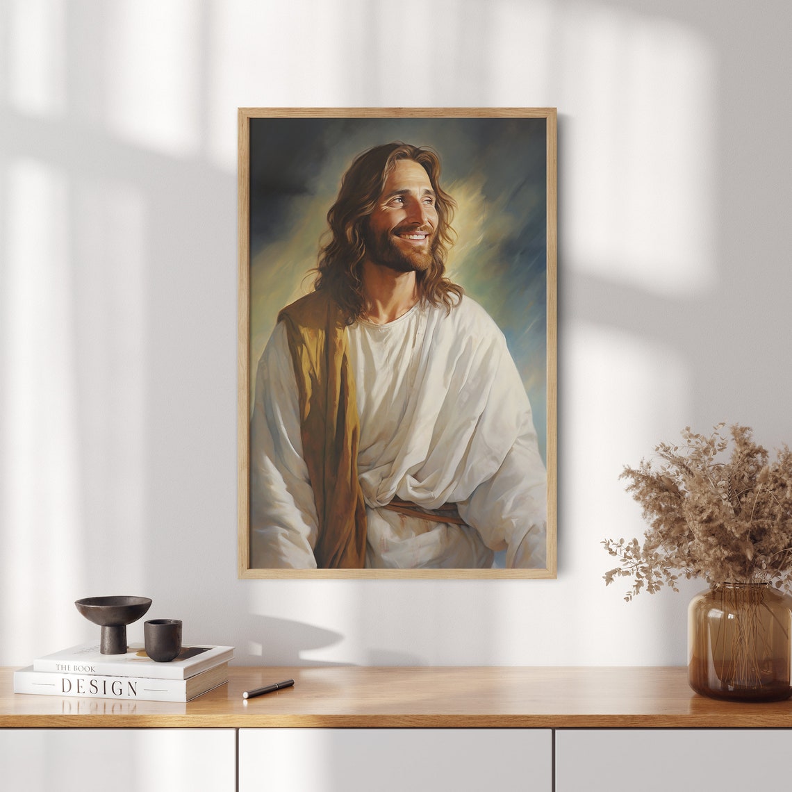 Smiling Jesus Looking Up Heavenly Light Christian Portrait Poster - Image 2
