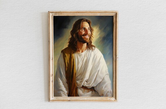Smiling Jesus Looking Up Heavenly Light Christian Portrait Poster