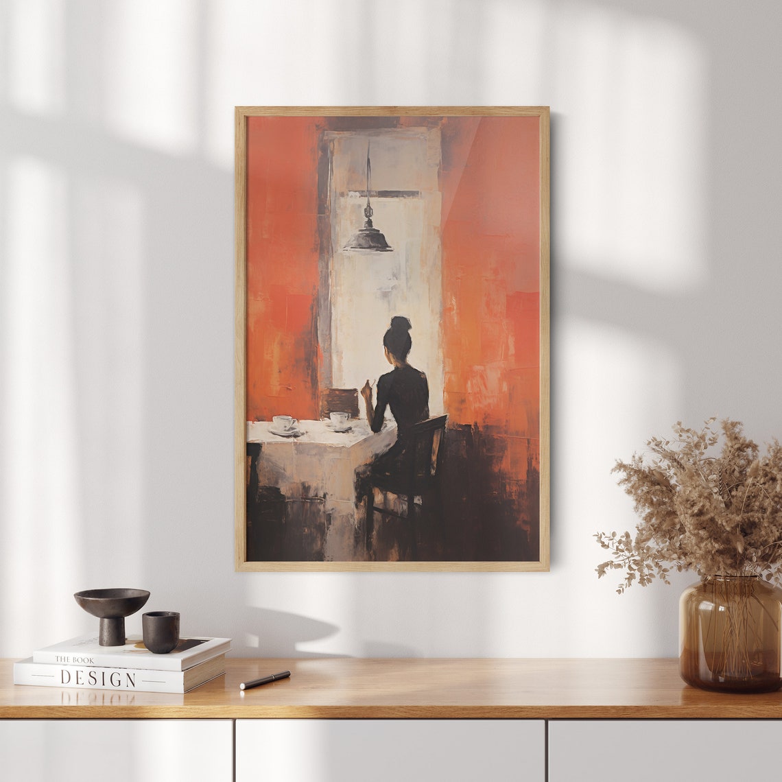 Abstract Woman Drinking Coffee in Red Orange Cafe Scene Poster - Image 2