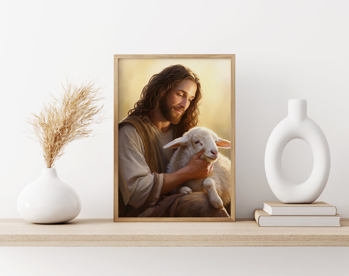 Jesus Tenderly Holding a Lamb in Warm Golden Light Oil Painting Poster - Image 3