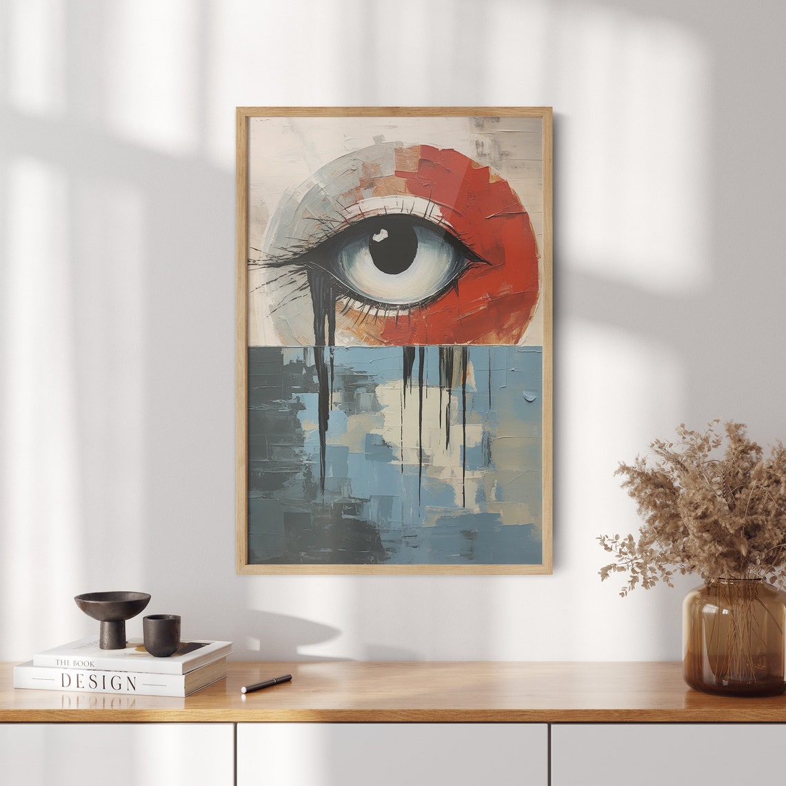 Surreal Crying Human Eye with Red Sun Disc Abstract Art Poster - Image 2