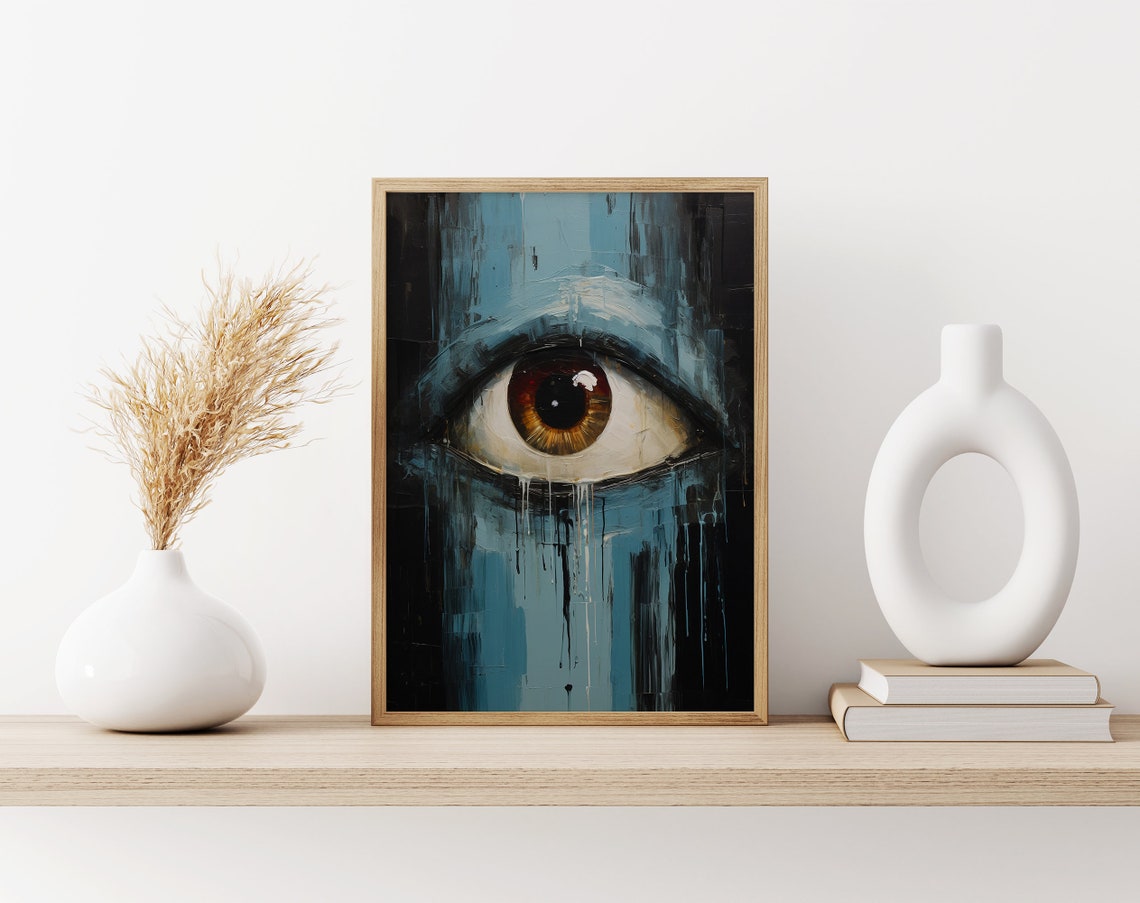 Intense Amber Eye Emerging from Dark Blue Brushwork Art Poster - Image 3