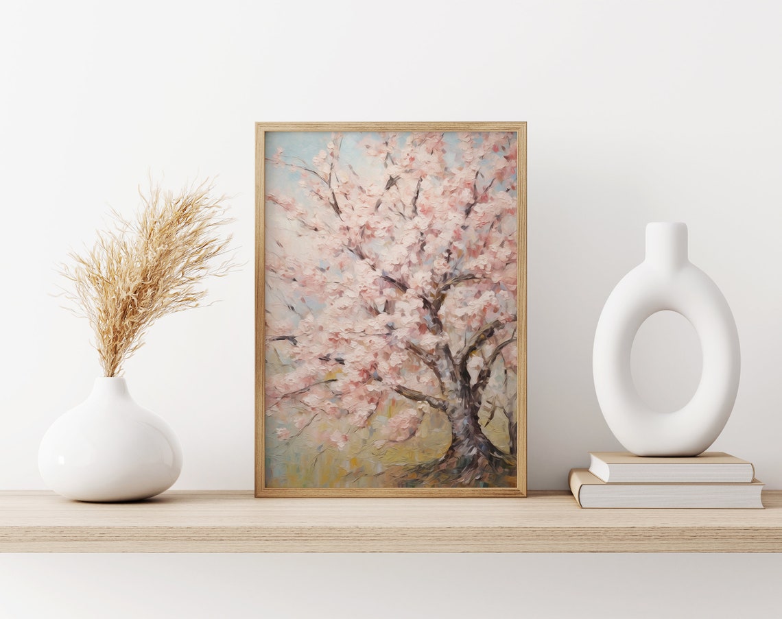 Soft Pink Cherry Blossom Tree in Full Bloom Oil Painting Poster - Image 3