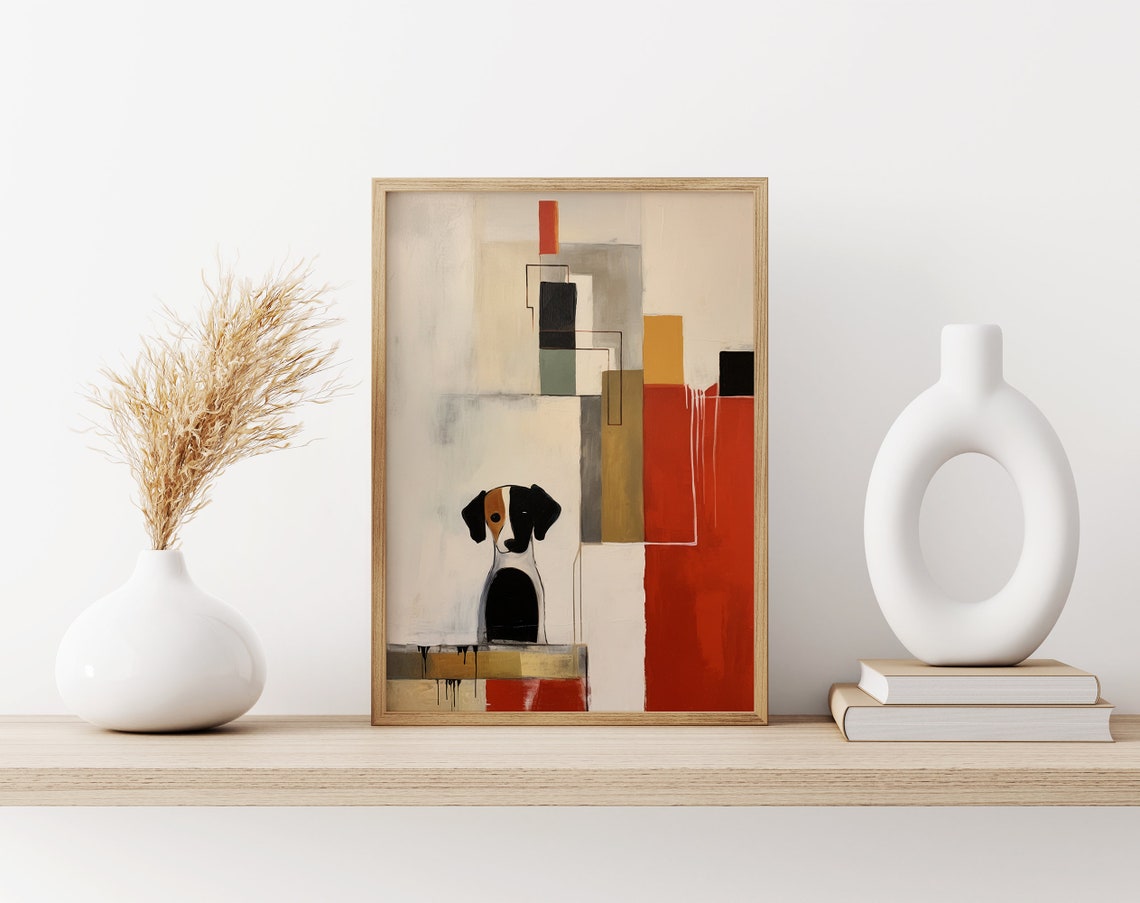Modern Dog Portrait with Bold Red Geometric Abstract Blocks Poster - Image 3