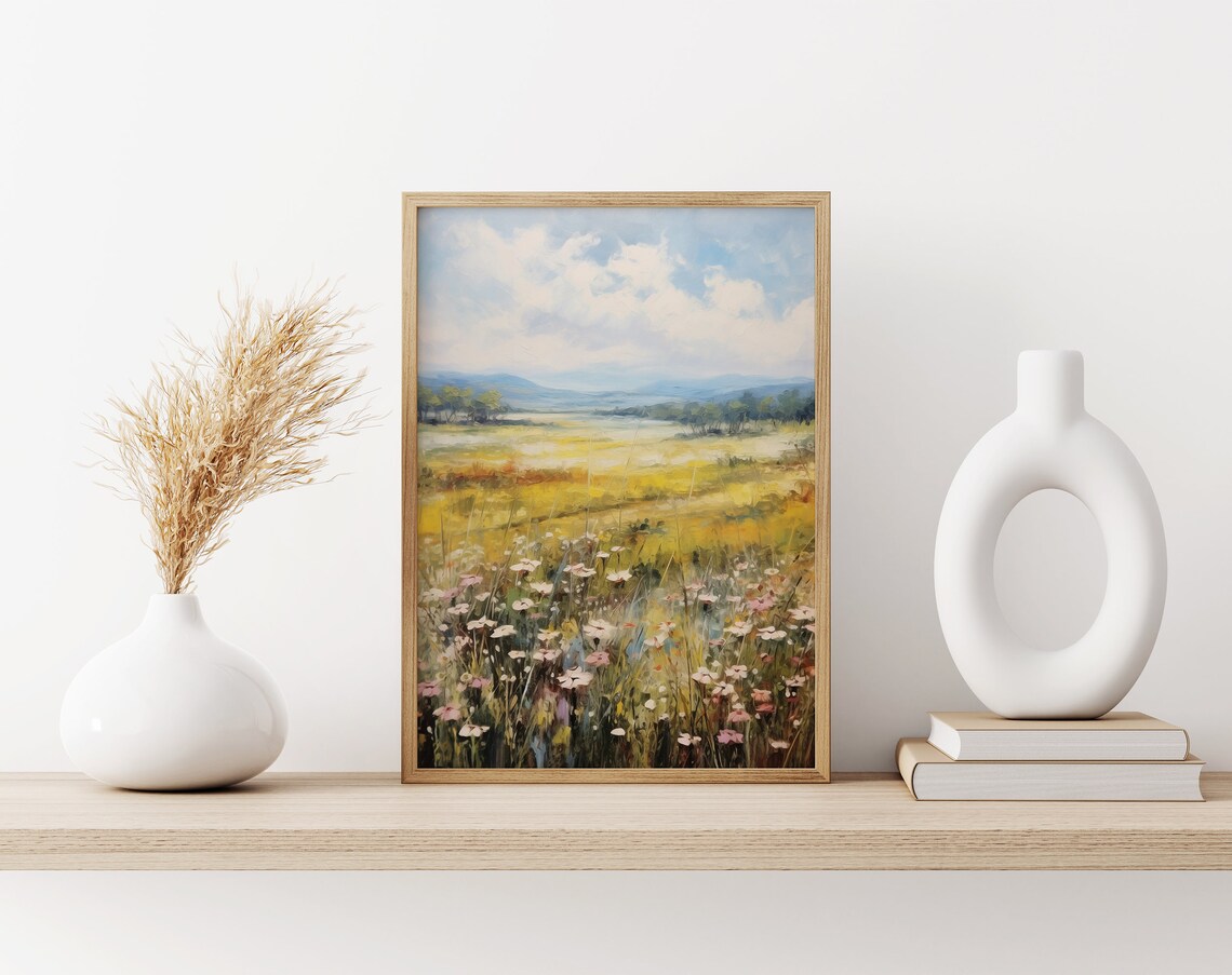 Pink Wildflowers Golden Meadow Mountain Clouds Summer Landscape Poster - Image 3