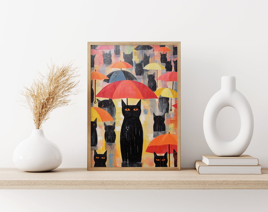 Black Cats Sheltering Under Colorful Umbrellas in Rain Art Print - Image 3