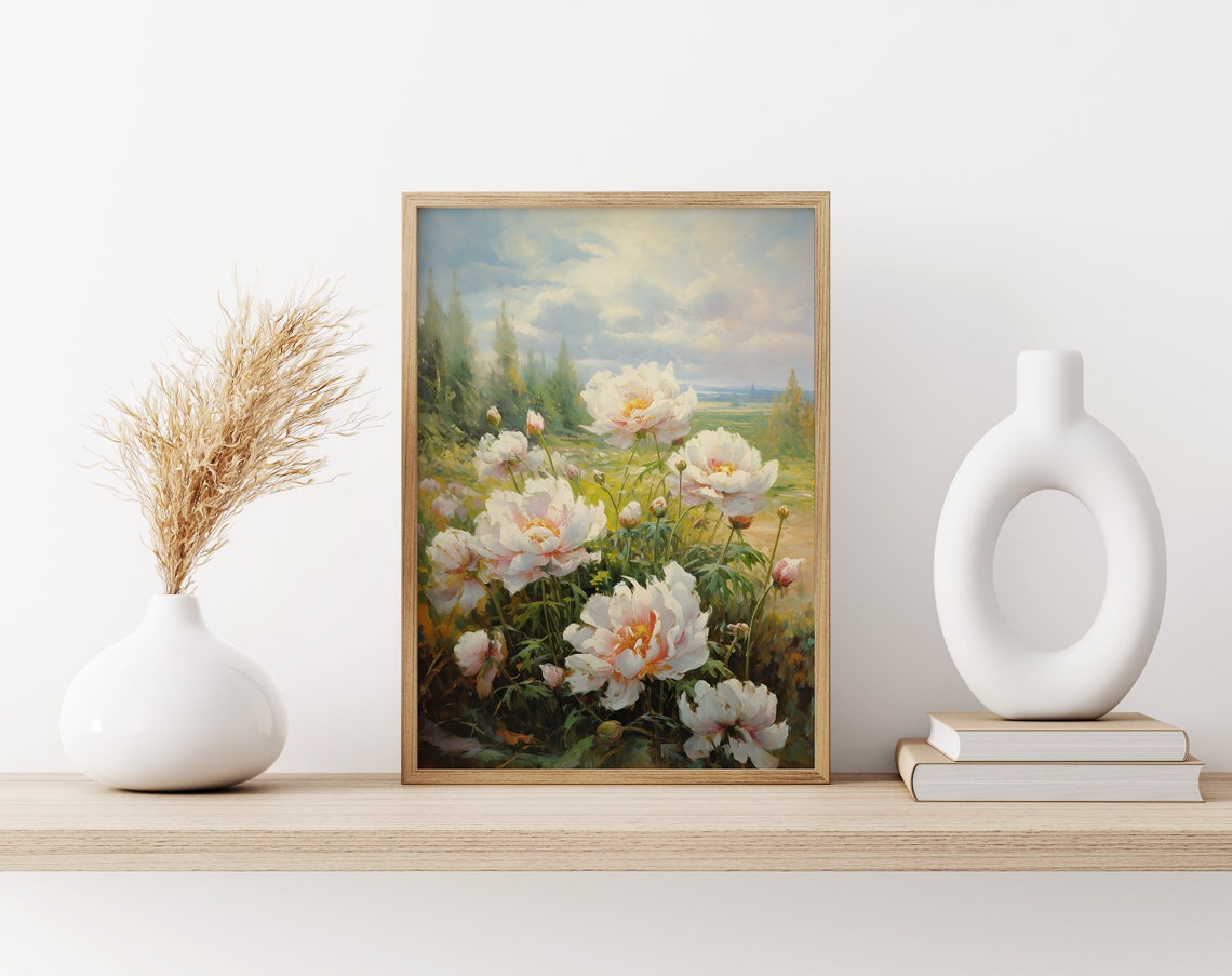 White Peonies Garden Bloom Summer Field Floral Painting Poster - Image 3