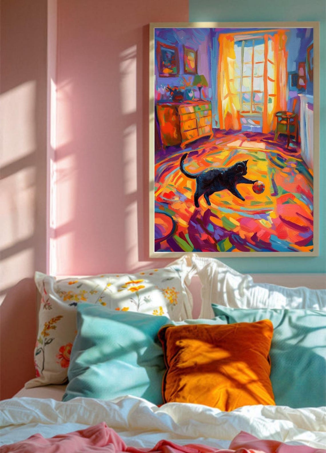 Playful Black Cat With A Ball In A Colorful Sunlit Room Poster - Image 3