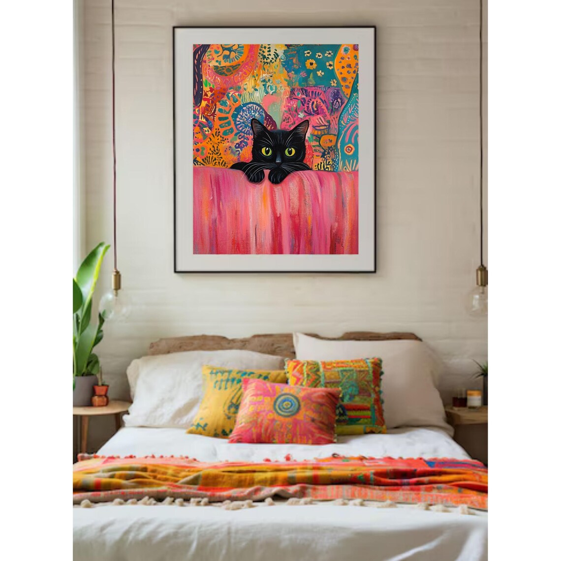Abstract Black Cat Behind Pink Couch Abstract Art Print - Image 2