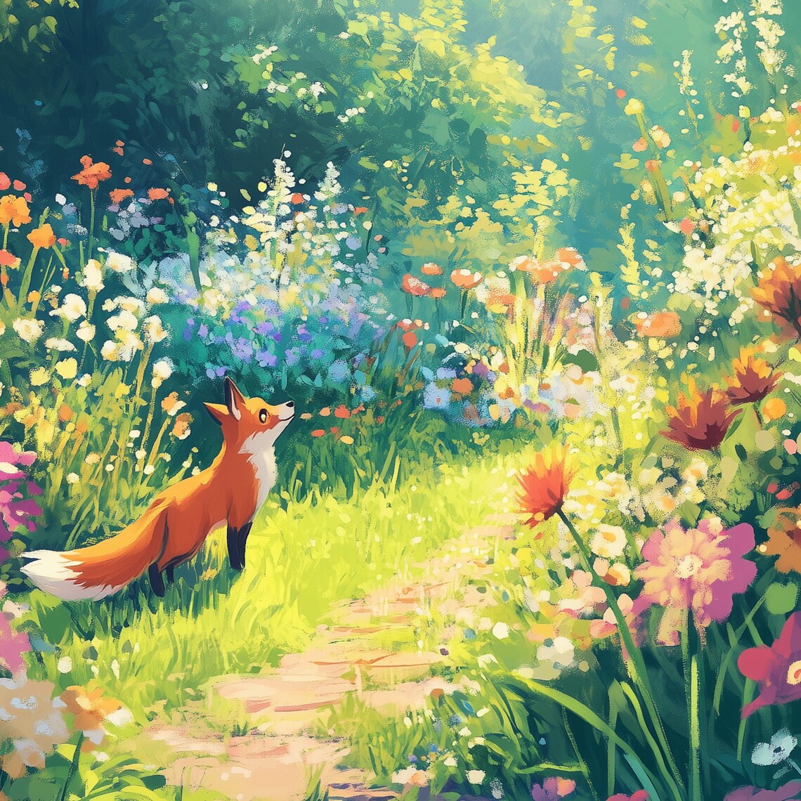 Cute Fox in a Colorful Meadow, Nature Art Print - Image 3