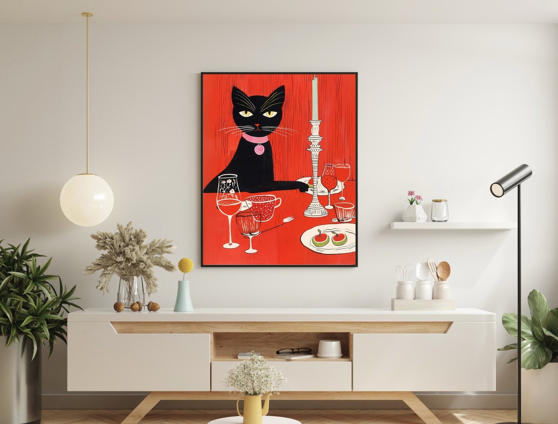 Chic Black Cat at a Candlelit Dinner on Red Background Poster - Image 2