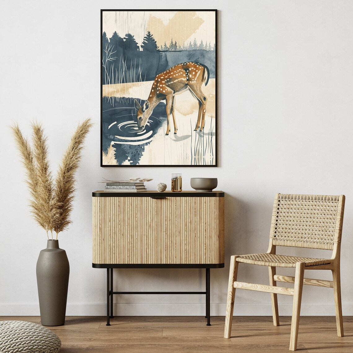 Spotted Fawn Drinking at a Still Pond Watercolor Nursery Poster - Image 3