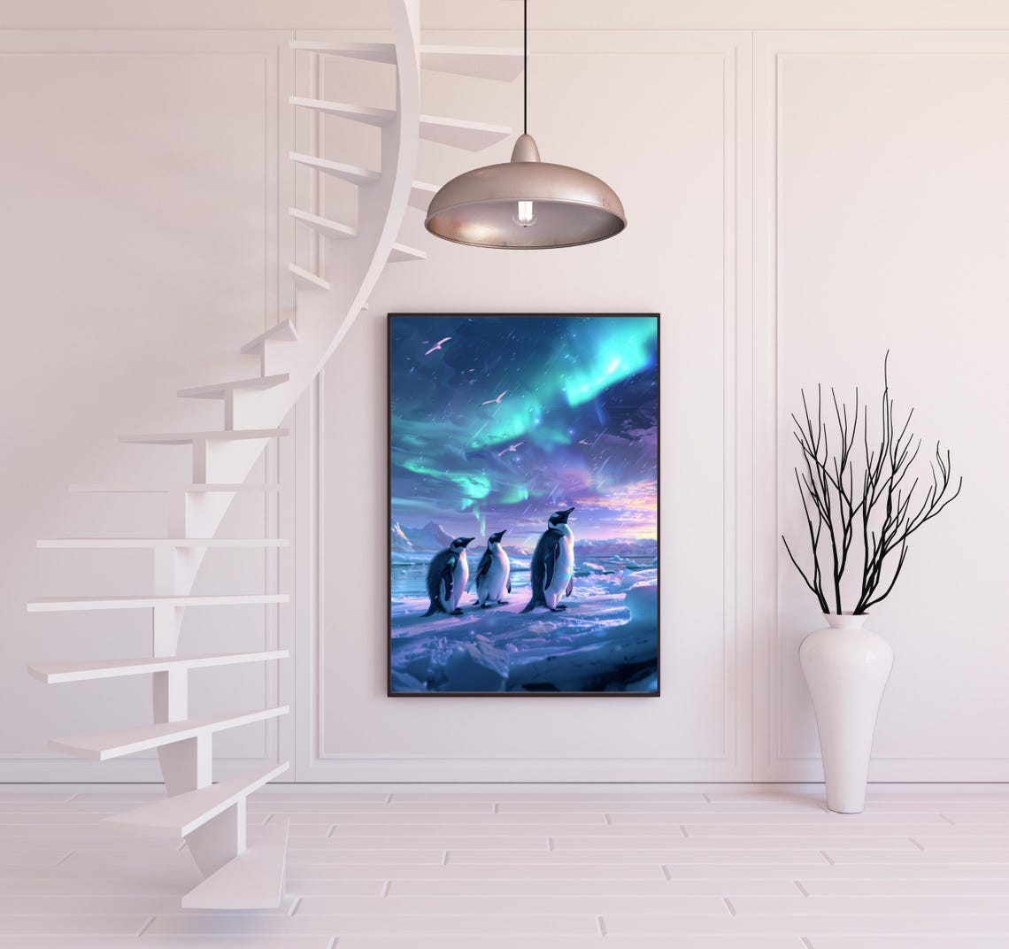 Penguins Under Northern Lights Aurora Night Snowy Arctic Art Poster - Image 2