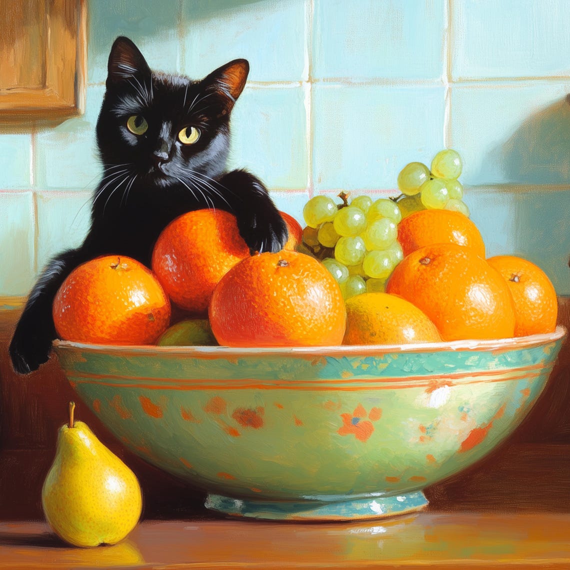Charming Black Cat Guarding Fruit Bowl In Sunny Kitchen Poster - Image 3