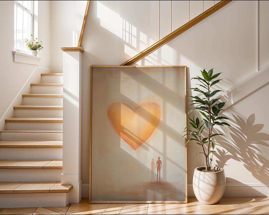 Glowing Orange Heart Above Two Figures Minimal Watercolor Love Poster - Image 3
