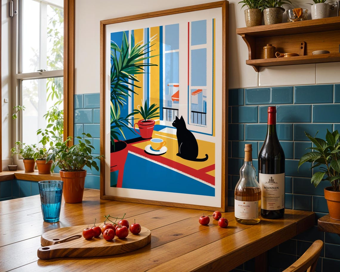 Black Cat Coffee Minimalist Poster Bold Geometric Red Yellow Blue Art - Image 2