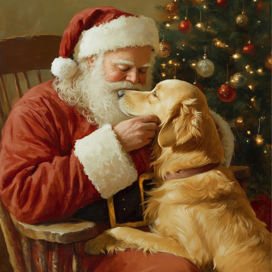 Santa Claus Cuddling A Golden Retriever Warm Vintage Christmas Poster - Image 3