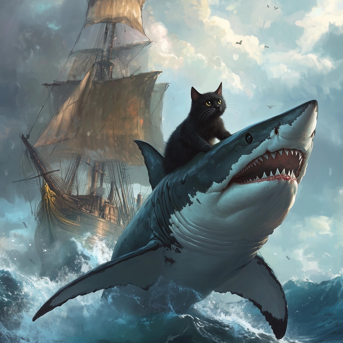 Black Cat In A Sea Ride The Shark Poster - Image 3