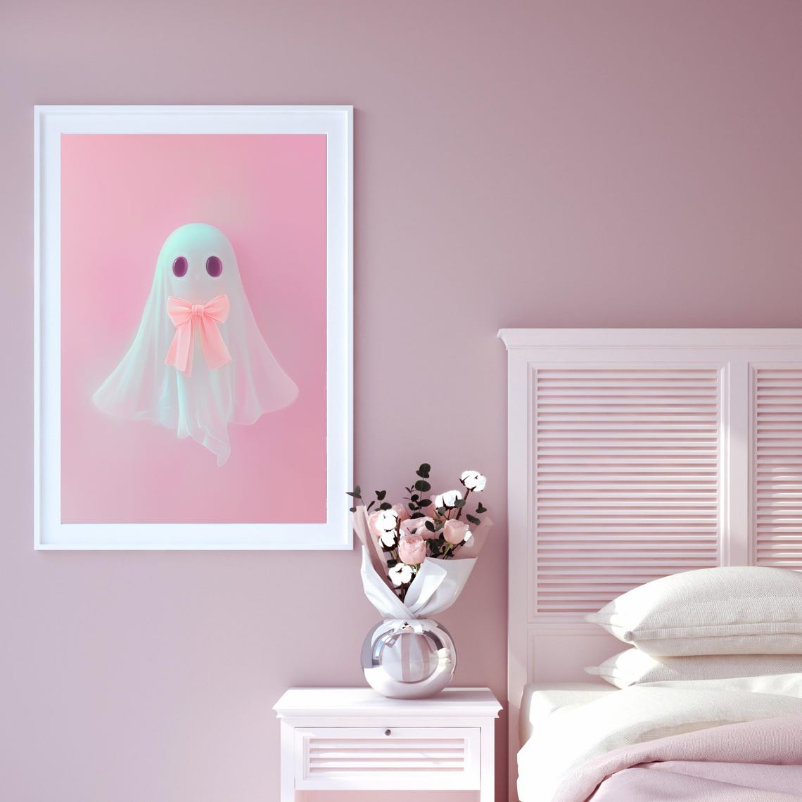 Cute White Ghost with Pink Bow Pastel Halloween Spooky Art Poster - Image 3