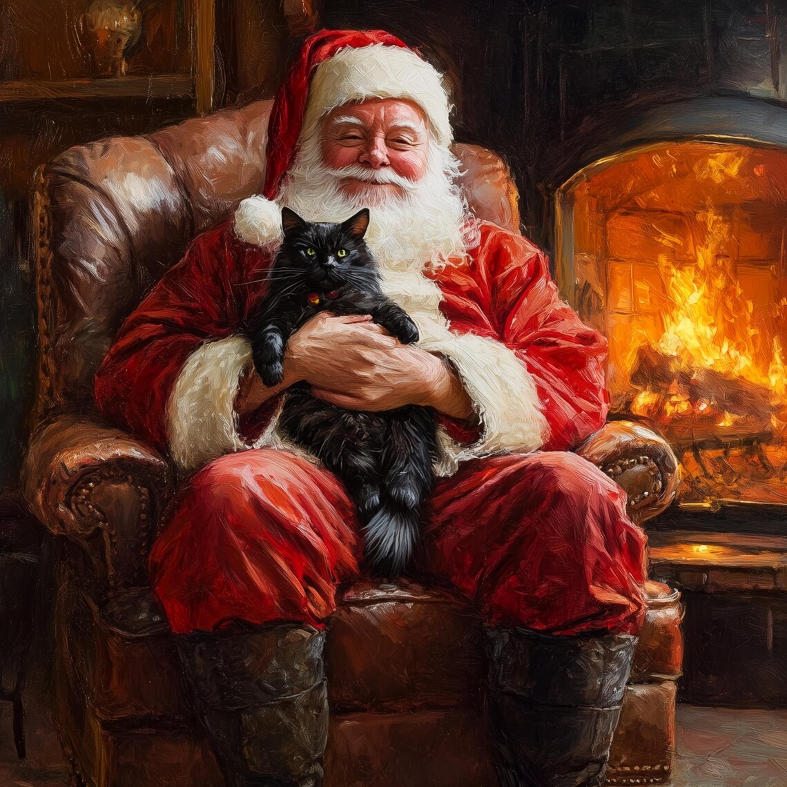Santa Claus Holding A Black Cat By The Fireplace Cozy Christmas Poster - Image 3