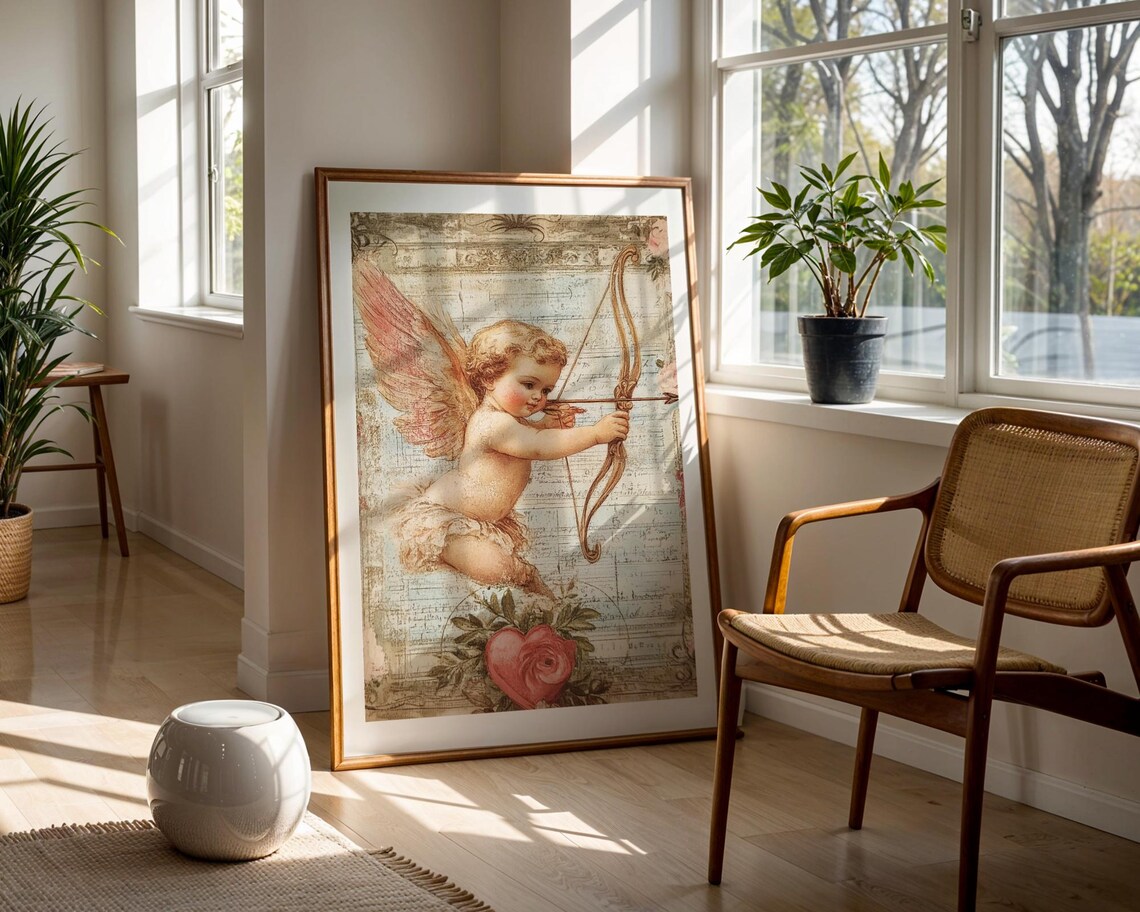 Cupid Drawing His Bow Antique Paper Art Vintage Romantic Archer Poster - Image 2
