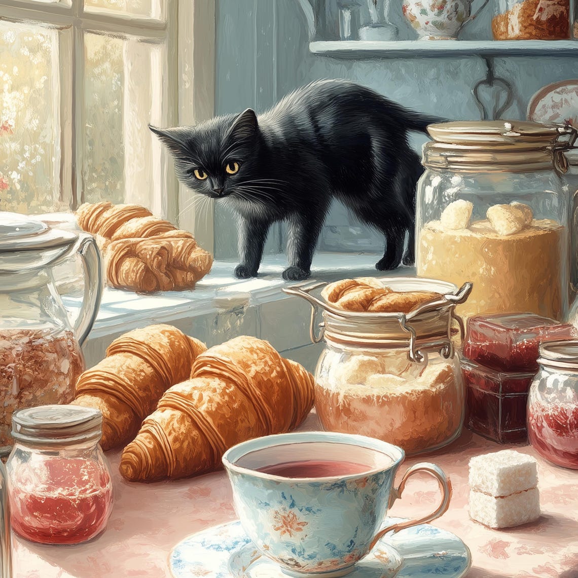 Black Cat Croissant Kitchen Poster Farmhouse Breakfast Still Life Art - Image 3
