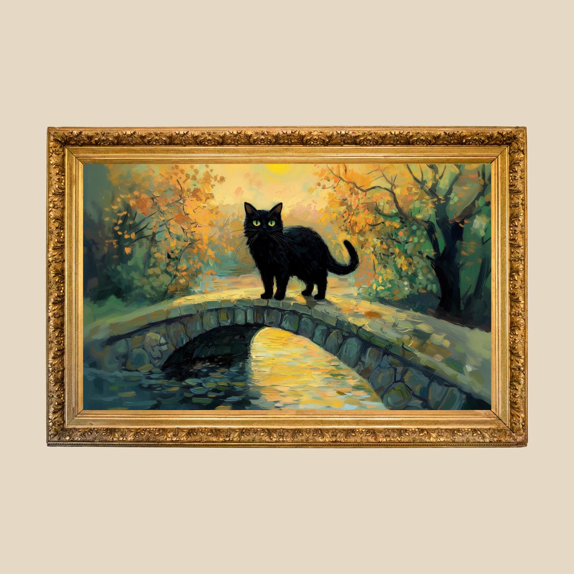 Black Cat Crossing a Stone Bridge in Golden Autumn Forest Poster - Image 3
