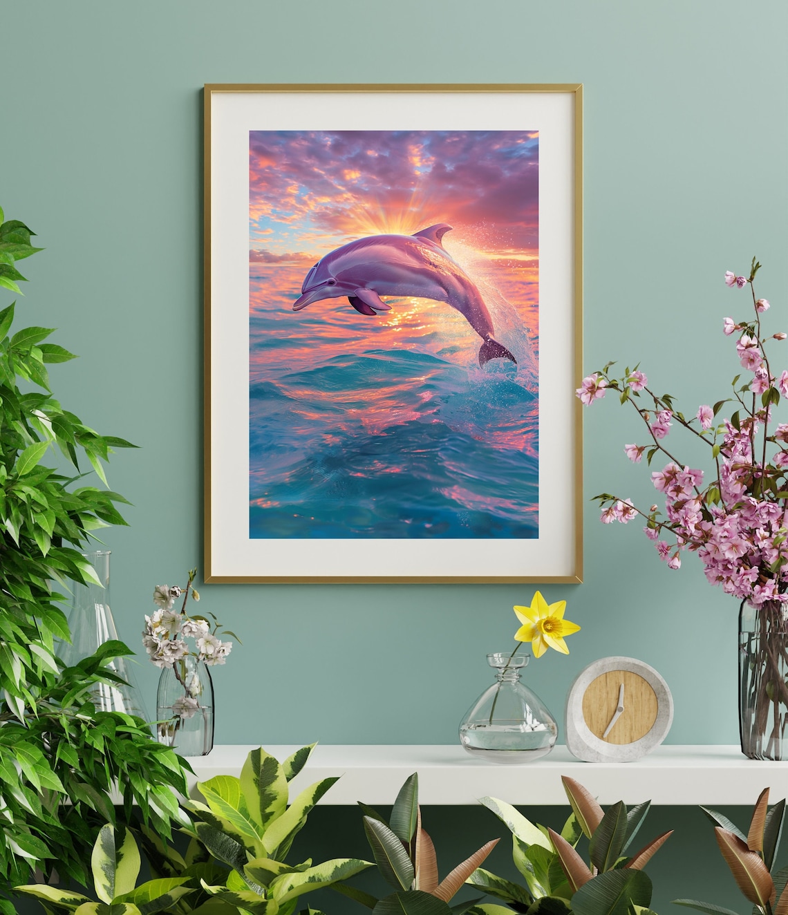 Dolphin Leaping at Sunset Pink Ocean Waves Vibrant Sea Life Poster - Image 2
