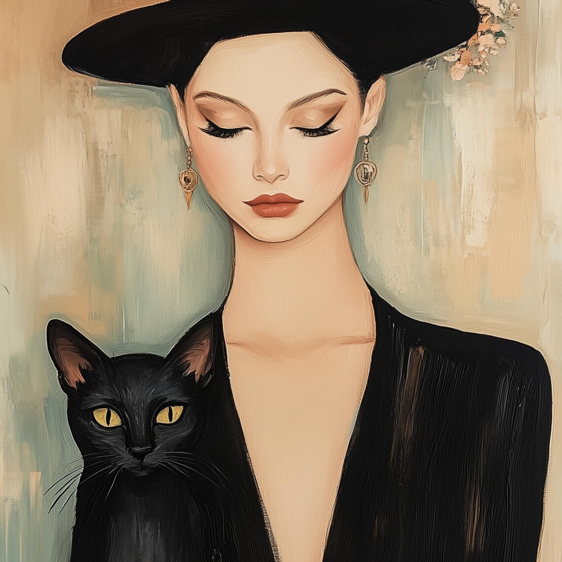 Elegant Woman With Floral Hat And Black Cat Modern Vintage Style Poster - Image 3