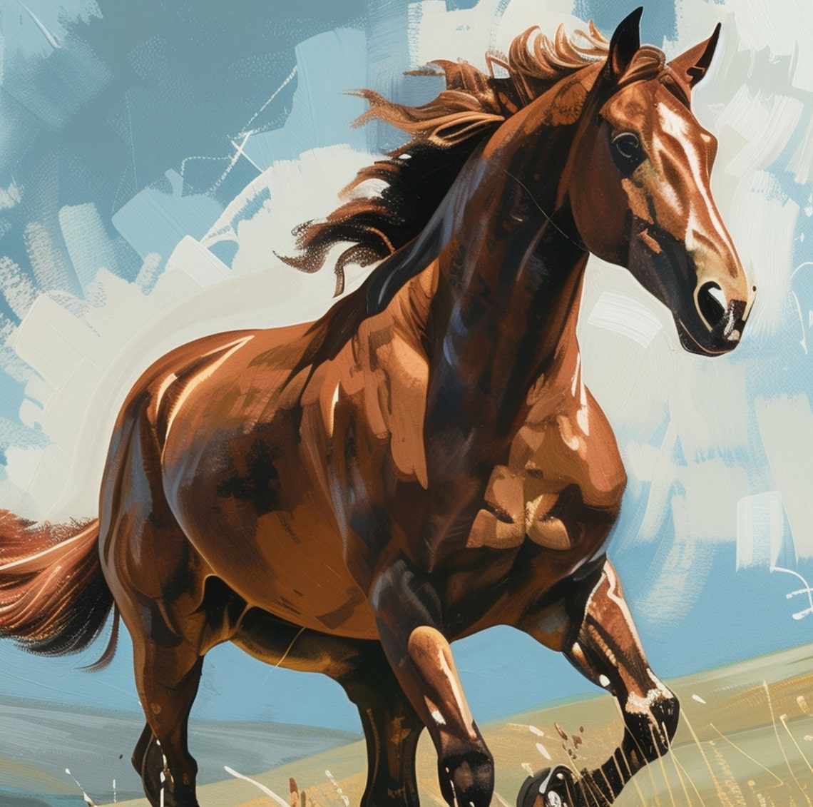 Galloping Chestnut Horse Across a Golden Wildflower Meadow Poster - Image 3