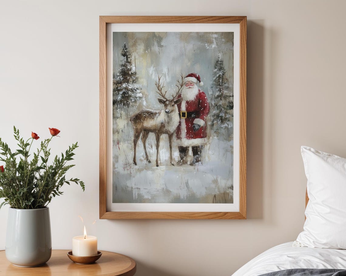 Santa Claus And Reindeer Standing Together In A Snowy Forest Poster - Image 2