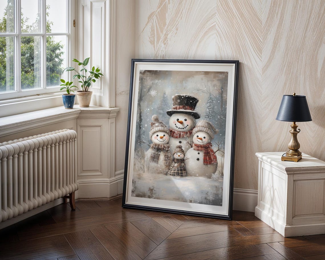 Adorable Smiling Snowman Family in a Snowy Winter Wonderland Poster - Image 2