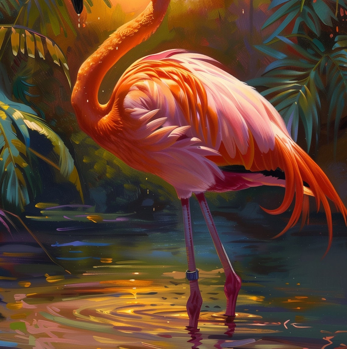 Elegant Pink Flamingo at Sunset in a Lush Tropical Lagoon Poster - Image 3