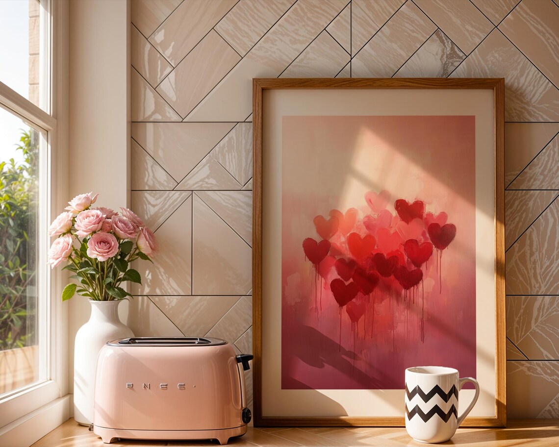 Abstract Dripping Red Hearts Painting In Romantic Pink Tones Poster - Image 3
