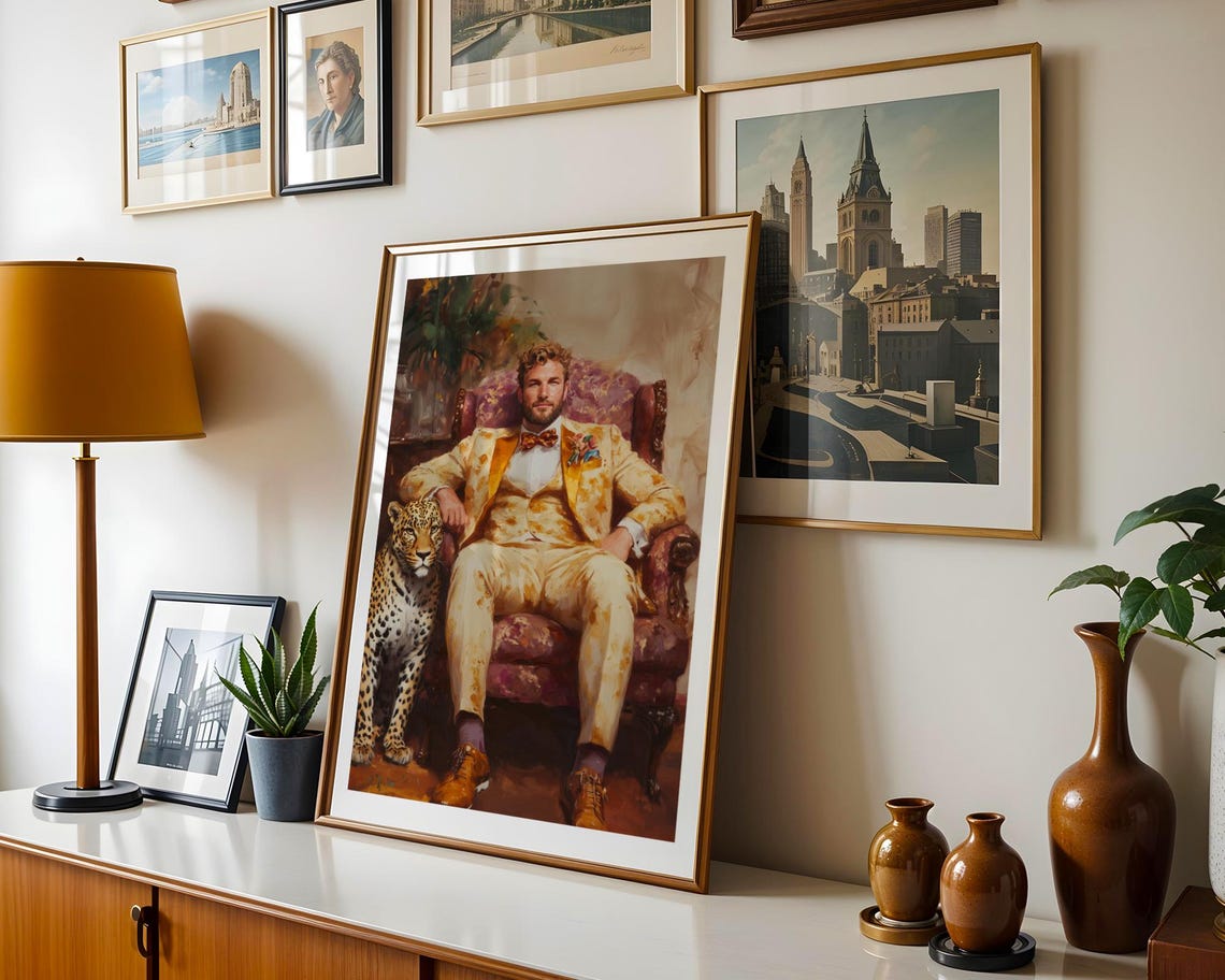 Dapper Gentleman In Golden Suit Relaxing With Leopard Poster - Image 2