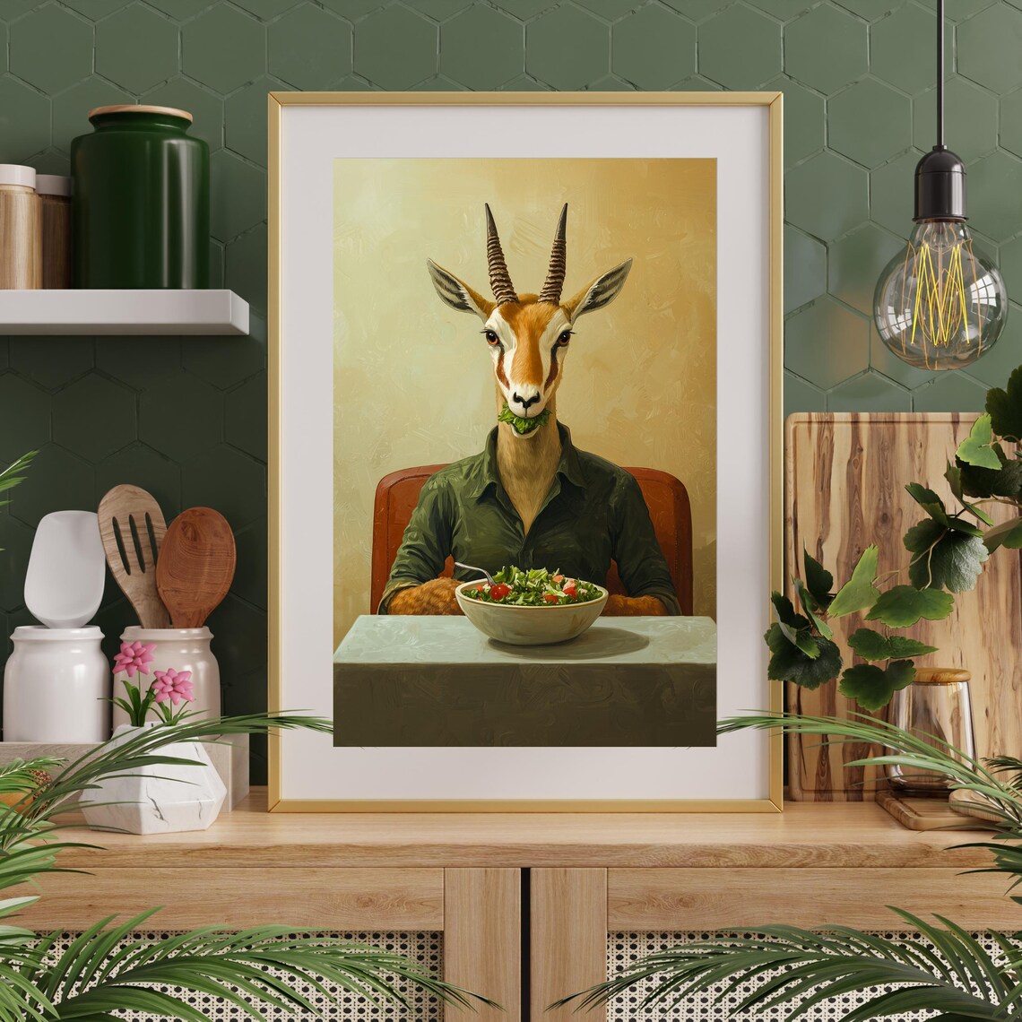 Quirky Gazelle Eating Salad Whimsical Animal Portrait Poster - Image 2
