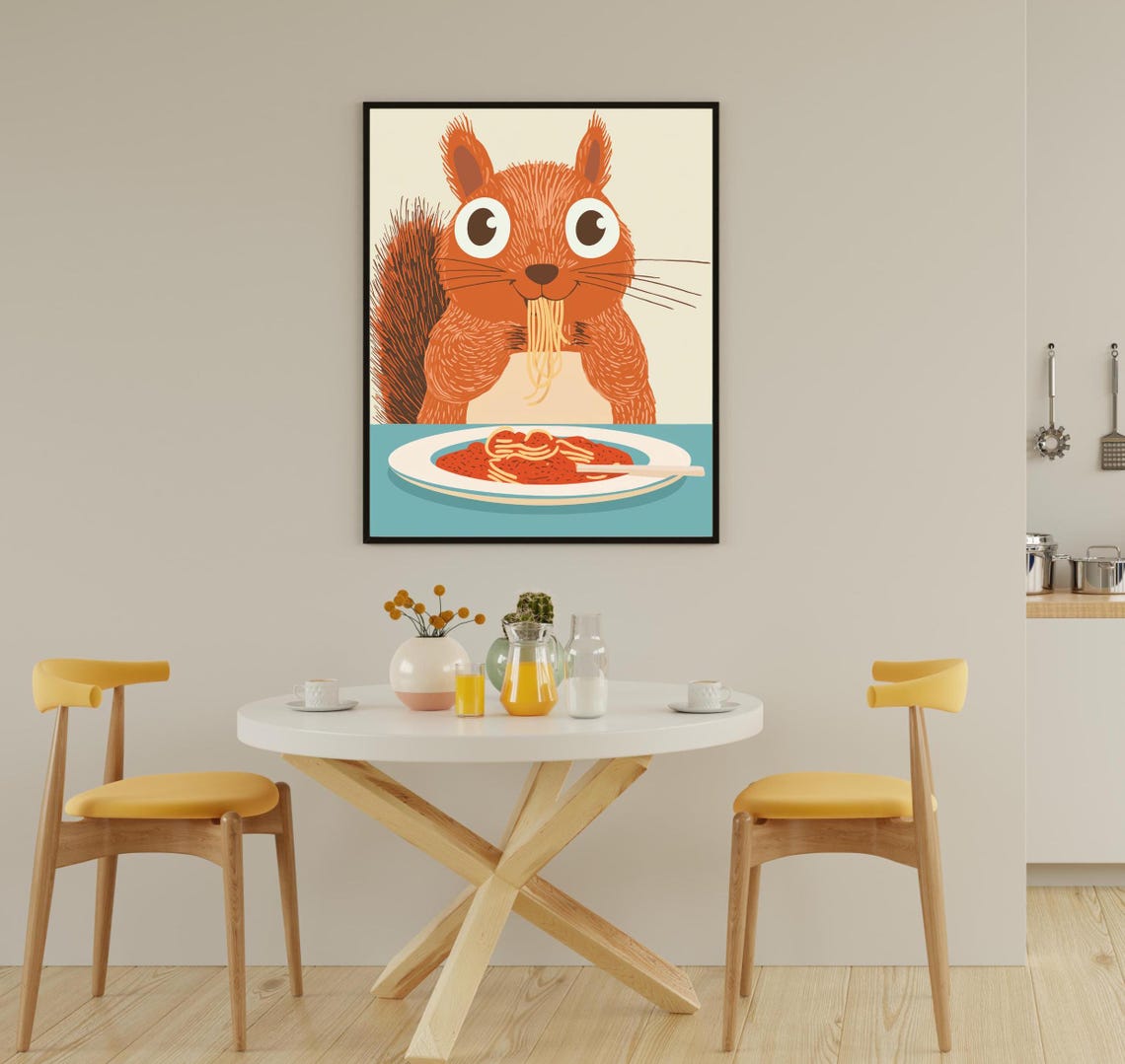 Adorable Red Squirrel Slurping Spaghetti Cartoon Kitchen Poster - Image 2