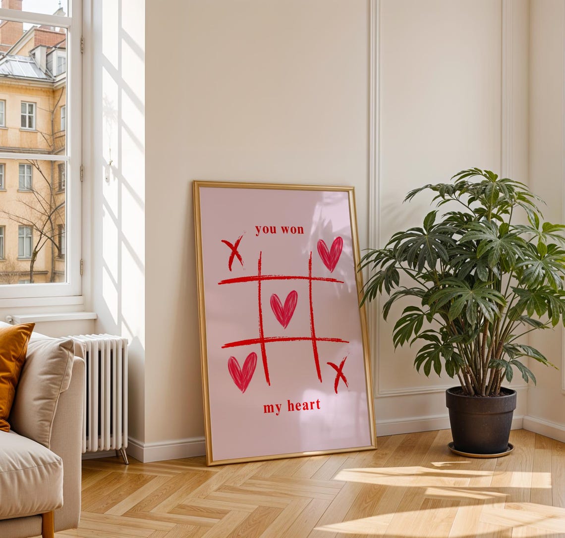 You Won My Heart Tic Tac Toe Game Hearts Red on Pink Love Poster - Image 3