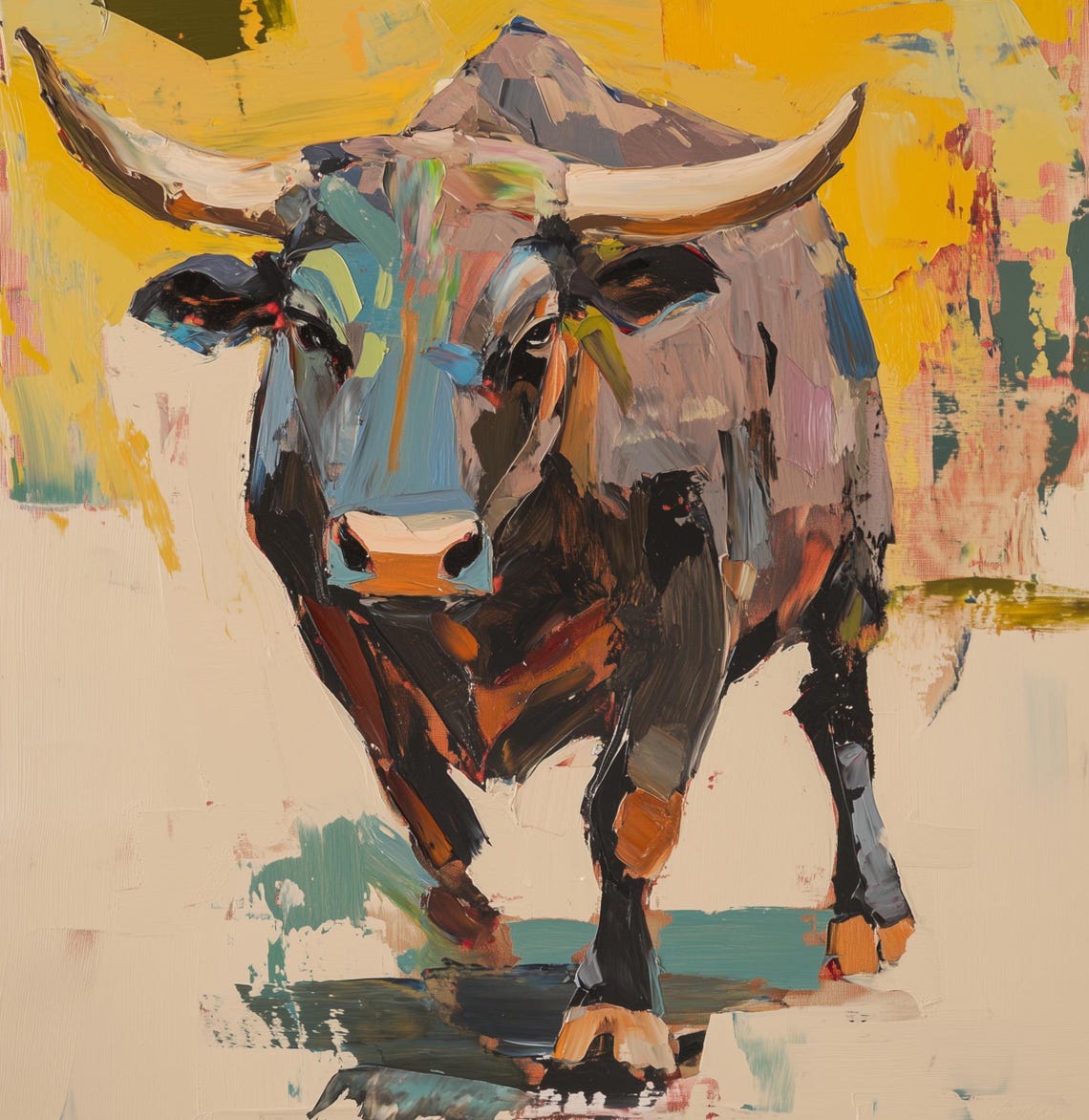 Bold Abstract Bull Oil Painting in Yellow and Teal Gallery Poster - Image 3