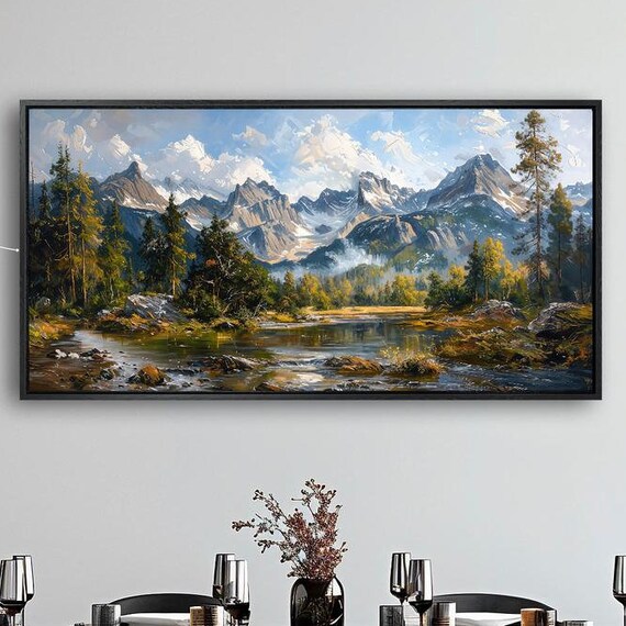 Mountain Landscape Art Print, Green Trees and River
