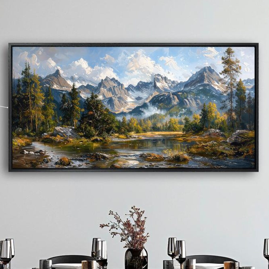 Mountain Landscape Art Print, Green Trees and River